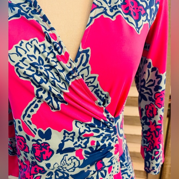 Lilly Pulitzer ๐ชท Pop Pink ON THE SQUARE YVETTE DRESS V-Neck Faux Wrap - Picture 4 of 5